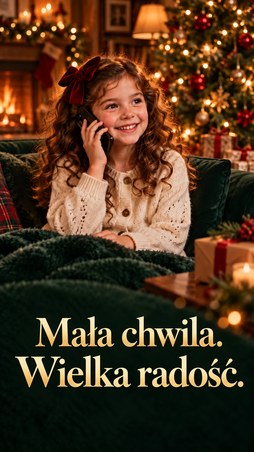 Dziewczynka rozmawiająca przez telefon przy choince - materiał z napisem