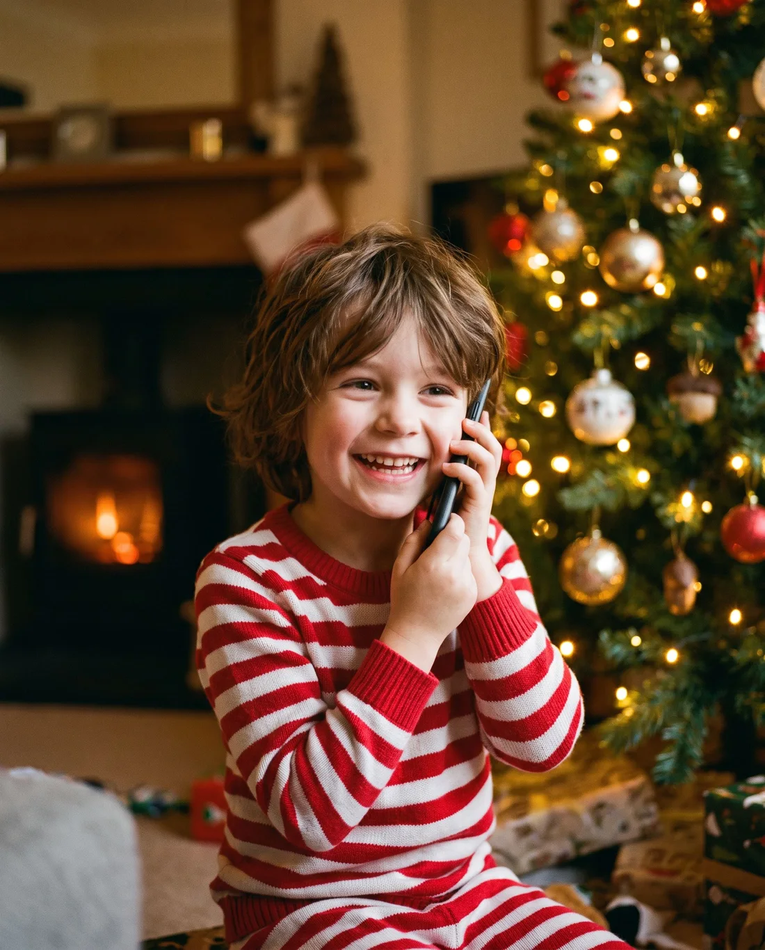 Uśmiechnięte dziecko rozmawia przez telefon przy choince