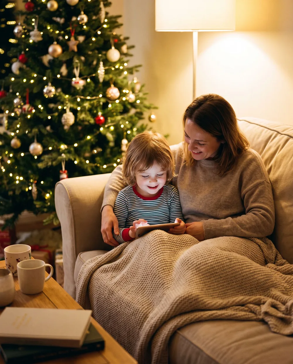 Mama i dziecko wspólnie cieszą się rozmową przy choince